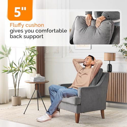 Mid-Century Accent Chairs, Light Grey Upholstered Armchair Comfy Sofa Chair Reading Chair High Back Living Room Bedroom Furniture for Apartment