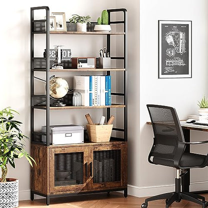 GAOMON Industrial Bookshelf with Doors 70.87" Tall Bookcase with 4 Tiers Open Storage Shelf Rustic Bookshelves Display Rack Cabinet Farmhouse Bookshelf for Bedroom, Living Room, Home Office, Brown