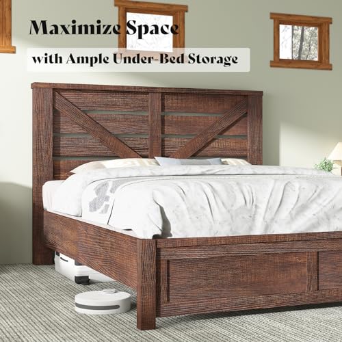 Farmhouse Queen Size Bed Frame with 49" Barn Door Headboard, Brown, view 5