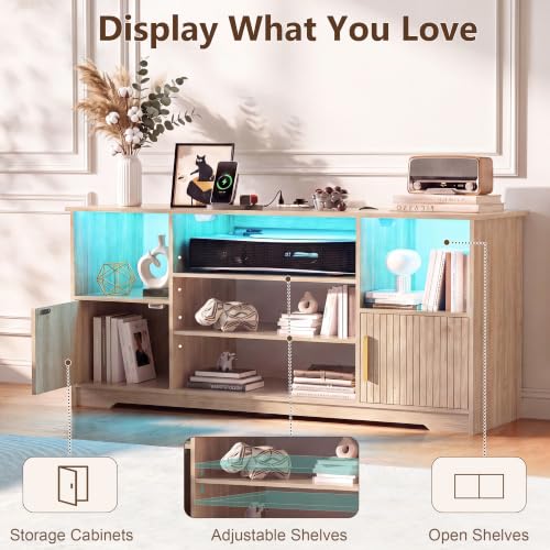 TV Stand for 55 inch with LED Light & Charging Station, Natural, view 6