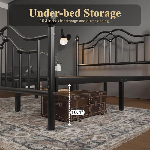 Full Metal Bed Frame with Classical Headboard and Footboard, Black, view 6