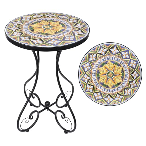 Yellow mosaic tile top outdoor side table with metal frame, view 2