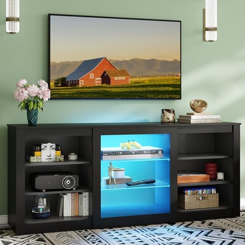 Modern TV Stand for 65 Inch TV, Entertainment Center with Adjustable Open Shelves & RGB LED Lights, Sturdy Media Console for Living Room, Bedroom,Gaming (Black)