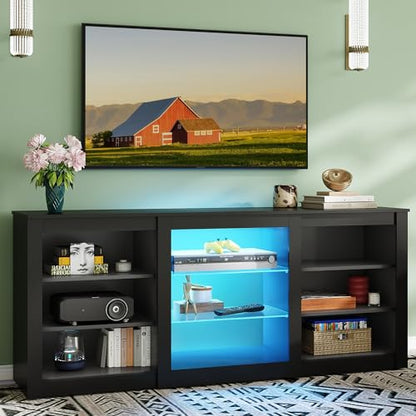Modern TV Stand for 65 Inch TV, Entertainment Center with Adjustable Open Shelves & RGB LED Lights, Sturdy Media Console for Living Room, Bedroom,Gaming (Black)