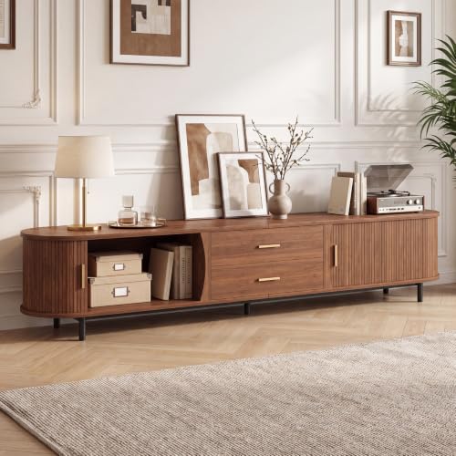 94.5" TV Stand with Storage Cabinets Drawers, Walnut Entertainment Center, view 4