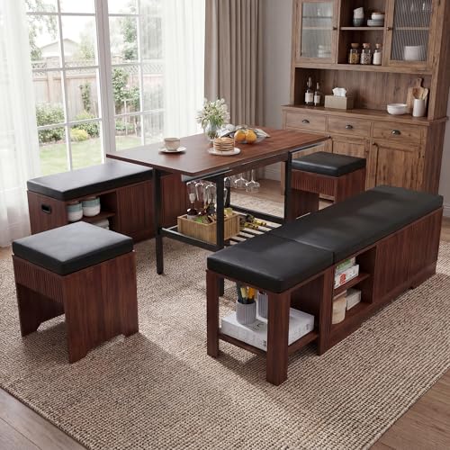 Extendable Breakfast Nook Table Set with Storage Benches & Stools, 6-Piece Corner Dining Table Set, Kitchen Nook Table Set with Glass Holder for Small Space, Indoor/Outdoor Use (Black+Walnut)