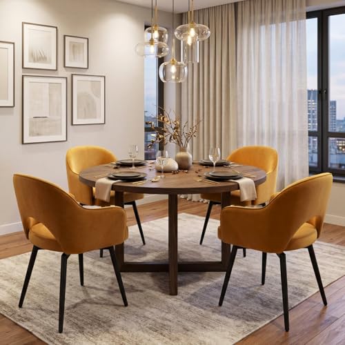 Swivel Dining Chair Set of 4, Velvet Upholstered Side Chair Modern Accent Guest Chair Home Office Desk Chair with No Wheels for Dining Room Living Room Office, Yellow