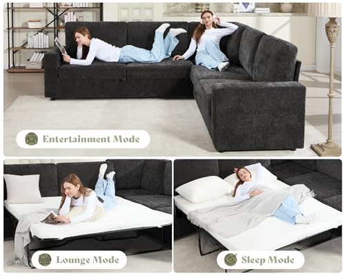 106" Oversized Sofa Bed, Sectional Sleeper Sofa with Pull Out Bed, 3 in 1 Convertible Sofa Bed, L Shaped Couch with Storage, High Resilience Mattress, Chenille Grey