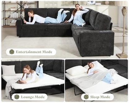 106" Oversized Sofa Bed, Sectional Sleeper Sofa with Pull Out Bed, 3 in 1 Convertible Sofa Bed, L Shaped Couch with Storage, High Resilience Mattress, Chenille Grey