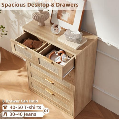 Rattan Dresser for Bedroom, 41" Tall Chest of Drawers, Modern 6 Drawers Boho Dressers with Storage, Light Oak Dresser Wooden Closet Organizer for Living Room, Hallway, Natural Wood