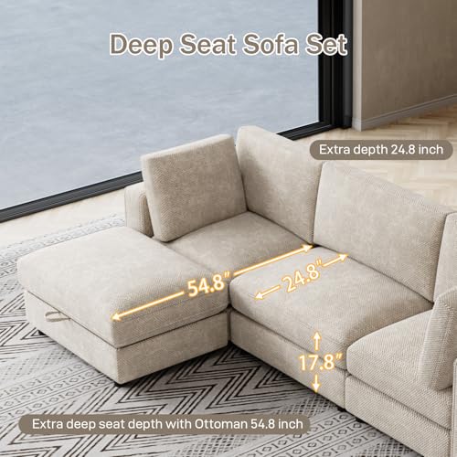 114" Oversized Modular Sectional Sofa, L Shaped Sectional Couches for Living Room, 4 Seat Modular Sofa with Storage Ottoman & Removable Cover, Beige White