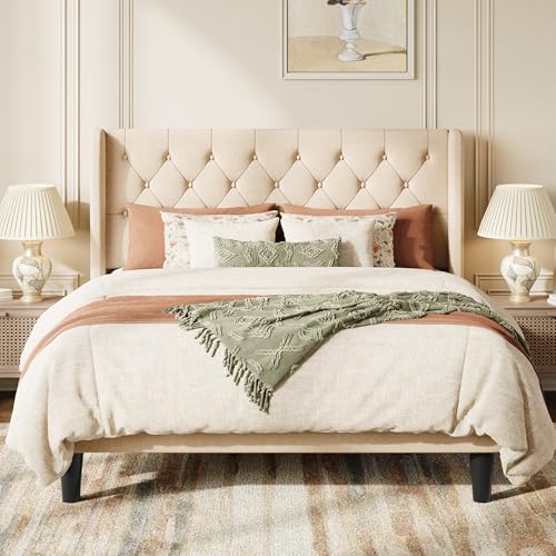 Queen Upholstered Bed Frame, Button Tufted Design, Beige, view 4