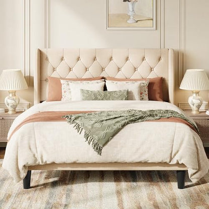 Queen Upholstered Bed Frame, Button Tufted Design, Beige, view 4