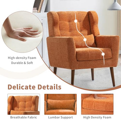 Modern Accent Chair, Upholstered Arm Chair with Waist Pillow, Single Sofa Chair for Living Room Bedroom Small Spaces (Orange)