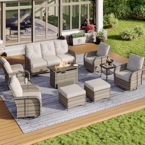 10-Piece Patio Furniture Set with 44” Fire Pit Table, Wicker Rattan Outdoor Sectional Sofa with High Back Swivel Rocker Chairs, Outdoor Patio Furniture Set with Thick Cushions & Ottoman, Grey