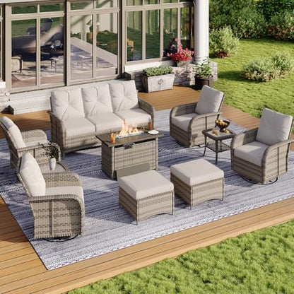 10-Piece Patio Furniture Set with 44” Fire Pit Table, Wicker Rattan Outdoor Sectional Sofa with High Back Swivel Rocker Chairs, Outdoor Patio Furniture Set with Thick Cushions & Ottoman, Grey