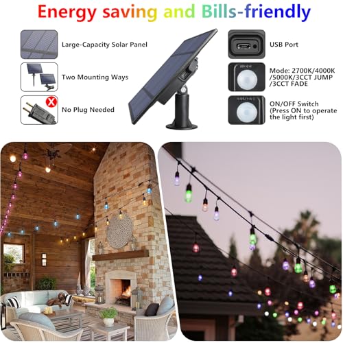 48FT Solar Outdoor RGB String Lights, 15+3 Waterproof Shatterproof LED Bulbs Dimmable Patio String Lights with Remote, Commercial Solar String Light for Patio Yard