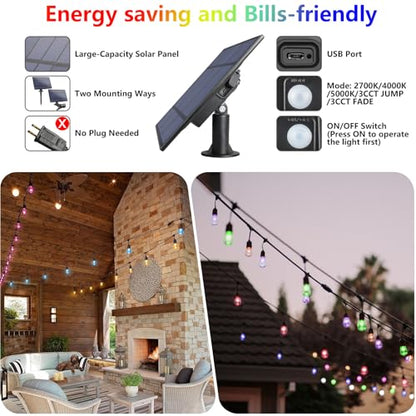 48FT Solar Outdoor RGB String Lights, 15+3 Waterproof Shatterproof LED Bulbs Dimmable Patio String Lights with Remote, Commercial Solar String Light for Patio Yard