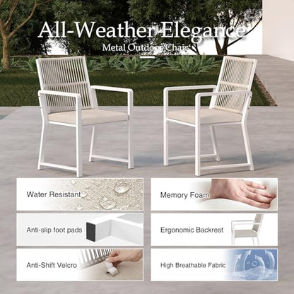 Outdoor Patio Dining Chair, All-Weather Woven Rope Outdoor Chairs Set of 2, Sturdy Steel Frame, 400 lbs, Ergonomic Backrest, Removable Breathable Cushion, for Patio & Garden, White