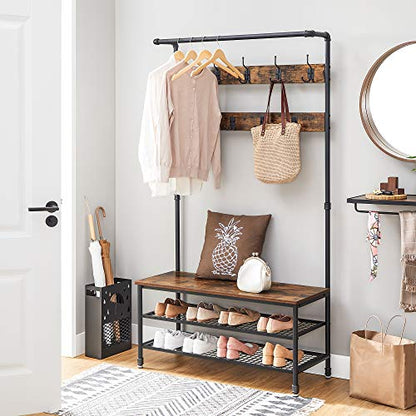 VASAGLE Coat Rack and Storage Bench, Hall Tree with 9 Hooks, Steel Frame, view 3