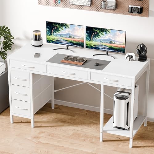 55" Computer Desk with 6 Drawers, Home Office Gaming Desks with Storage Shelves for Bedroom, Writing Study Corner Living Room Work Table White