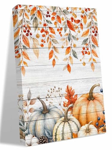 NuYeBiofx Farm Thanksgiving Pumpkins Canvas Wall Art Prints,30"x20" Framed Picture Artwork Hanging Palm Leaves on Wood Printed Canvas Oil Painting for Living Room Bedroom Office,Ready to Hang