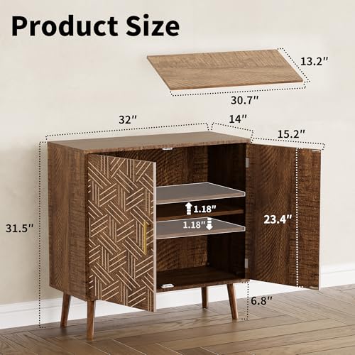 Mid Century Modern Buffet Sideboard Cabinet, Freestanding Wood Storage Cabinet with Magnetic Doors and Adjustable Shelves, Buffet Cabinet for Dining Room Living Room Entryway, Brown