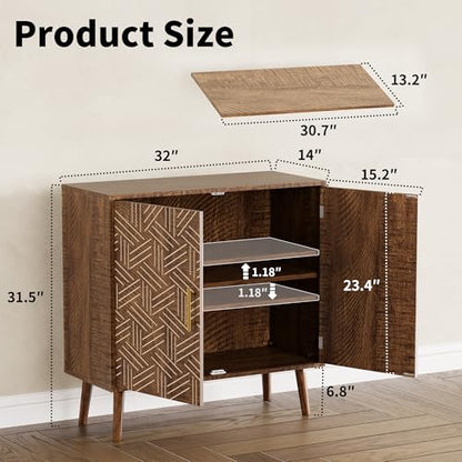 Mid Century Modern Buffet Sideboard Cabinet, Freestanding Wood Storage Cabinet with Magnetic Doors and Adjustable Shelves, Buffet Cabinet for Dining Room Living Room Entryway, Brown