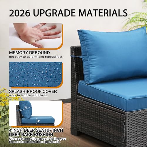 6 Pieces Patio Furniture Set All-Weather Outdoor Wicker Sectional Conversation Sofa Rattan Patio Seating Sofa with Cushion and Glass Table for Porch Poolside,Peacock Blue