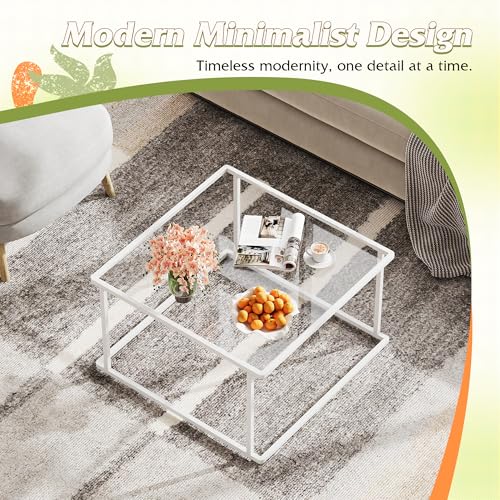 Coffee Table, Glass Coffee Table for Living Room, Modern Small Coffee Table with Tempered Glass & Metal Frame, Square Center Table for Small Spaces Apartment, Office, 26.4 x 26.4in, White