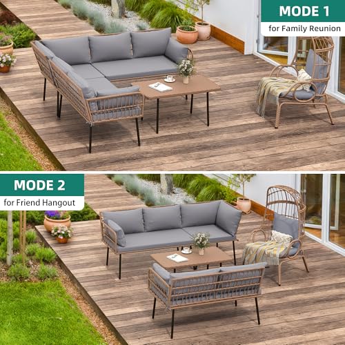 4-Piece Wicker Patio Furniture Set, All Weather PE Rattan Conversation Set Sectional Sofa with Soft Cushions & Side Table, Porch Furniture for Deck, Balcony, Backyard - Gray