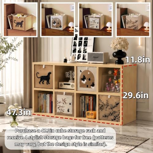 real Solid Wood 8 Cube Storage Organizer Shelf with 4 Bins,Low Bookcase, view 3