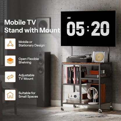 Small TV Stand with Wheels and Mount for 50 Inch TVs, Mobile Rolling TV Stand with Storage Shelves, Small Entertainment Center, for Living Room, Bedroom, Study, Rustic Brown BF37DS01