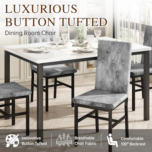 Dining Table Set for 4, Faux Marble Small Kitchen Table Chairs Set of 4 with Luxurious Button Tufted Dinner Chairs for Kitchen and Dining