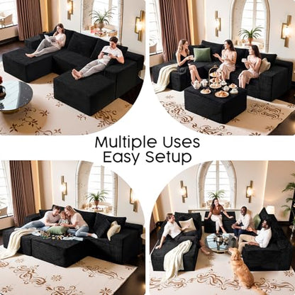 108" Black Modular Sectional Sofa with Ottoman, Cloud U-Shaped Couch for Living Room – No Assembly Needed, Plush Corduroy Fabric, Deep 28" Seat, High-Resilience Foam (Right-Facing Chaise)