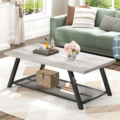 Industrial Coffee Tables for Living Room with Storage, Rustic Wood and Metal Coffee Table, Modern Rectangle Center Cocktail Tea Table, Light Grey, 47 Inch