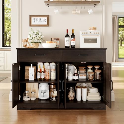 Buffet Cabinet with Storage, 47.2" Kitchen Sideboard Buffet with Drawers, Modern Farmhouse Coffee Bar Station with Shelves, Barn Doors Storage Cabinet for Living Room, Dark Brown