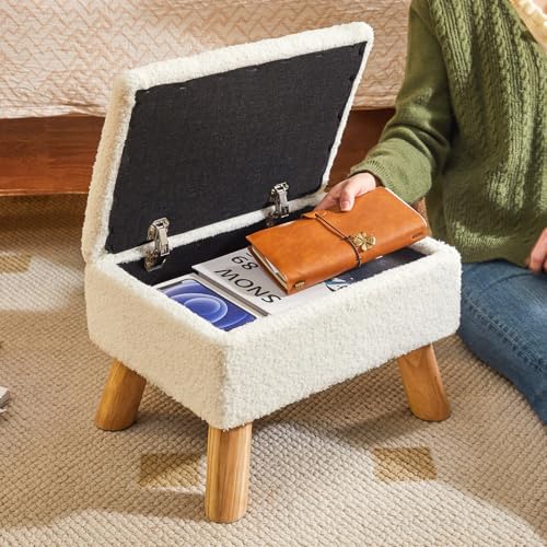 Storage Ottoman, Small Foot Stool Ottoman with Storage, White HBD042W | Teddy Velvet, Sturdy Wood Legs, For Living Room Bedroom Couch Entryway