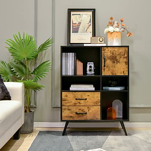Buffet Cabinet with Storage, Industrial Kitchen Sideboard with 2 Large Drawers, 4 Cubes Cabinet, Mid-Century Cupboard, Standing Organizer for Kitchen, Entryway