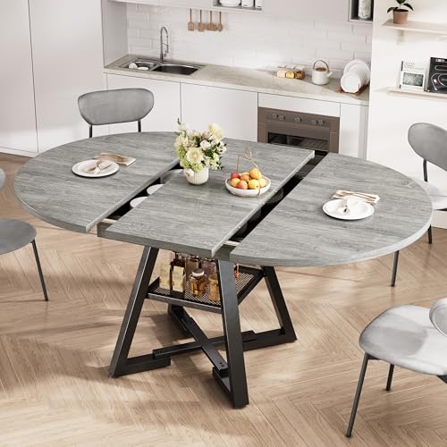 Expandable Kitchen Dining Table for 4-6, Oval Round Dining Table with Storage Shelf and Removable Extension Leaf, Space Saving Pedestal Table for Dining Room, Modern Industrial Style (Grey)