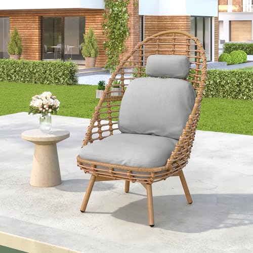 Ellis Swivel Lounge Chair Outdoor, High Back Comfy Reading Chair with Cushion, Iron Frame Wicker Accent Chair, Single Sofa Chair Patio Furniture Set, Light Brown+Light Gray