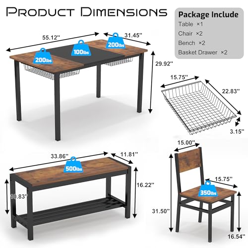 Dining Table Set for 4-6 People,Industrial Dining Table with 2 Benches and 2 Chairs,Kitchen Table Set with Storage Rack for Dining Room,Saving Space,Rustic Brown
