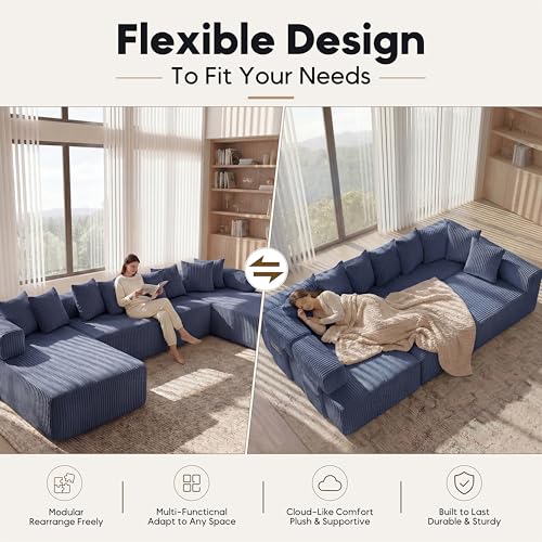 Oversized Cloud Boneless Couch with Chaise, 146" Modern U Shape Modular Deep Seat Sectional Sofa, Comfy Corduroy Upholstered Couches for Living Room, No Assembly Required-Blue