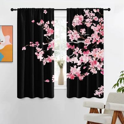 Pink Cherry Blossom Window Curtains 42" W x 63" L Black Floral Sakura Tree Japanese Anime Gothic Style Rod Pocket Drapes for Living Room Bedroom Fabric 2 Panels