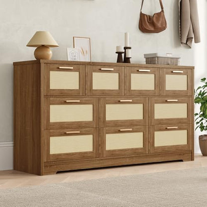 10 Drawer Dresser for Bedroom, 59 in Farmhouse Rattan Dressers & Chests of Drawers, Wooden Storage Organizer with Anti-Tipping Device for Living Room, Hallway, Entryway, Natural
