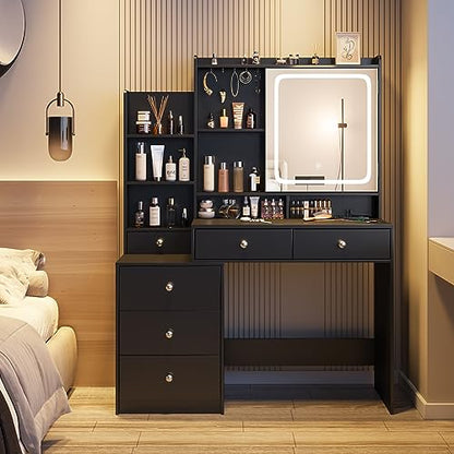 Vanity Desk with Mirror and Lights, Makeup Vanity with 6 Drawers and Shelves, Dressing Table with Power Outlet, Makeup Desk with Led Lighted Mirror in 3 Colors, for Bedroom, Black