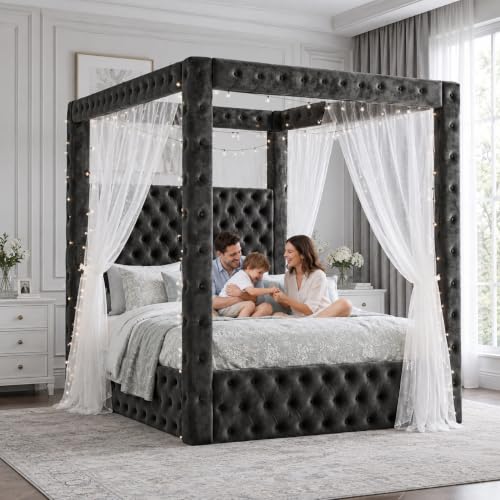 Queen Size Canopy Bed Frame, Velvet Upholstered Bed with Headboard, Black, view 2