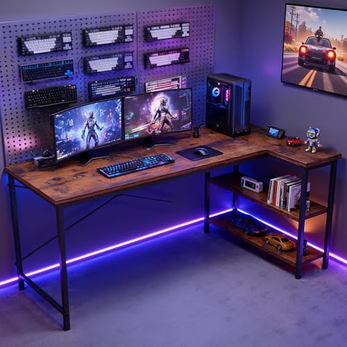 47" L Shaped Computer Desk, Corner Desks with Storage Shelves, Brown, view 3