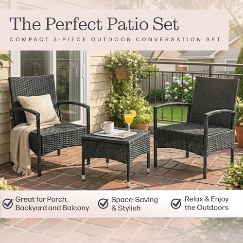80-OUTD-WK-NCSHCHTBL, Gray Outdoor Patio Set ? 3-Piece Rattan Seating Combo with 2 Chairs and Table for Deck, Balcony, or Front Porch Furniture