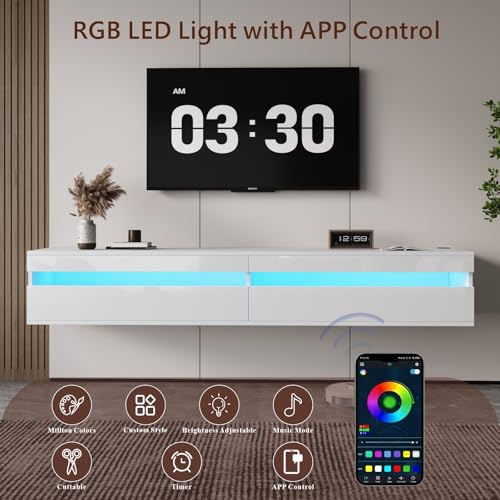 Solid Wood Floating TV Stand with LED Lighting & Power Outlet, view 7